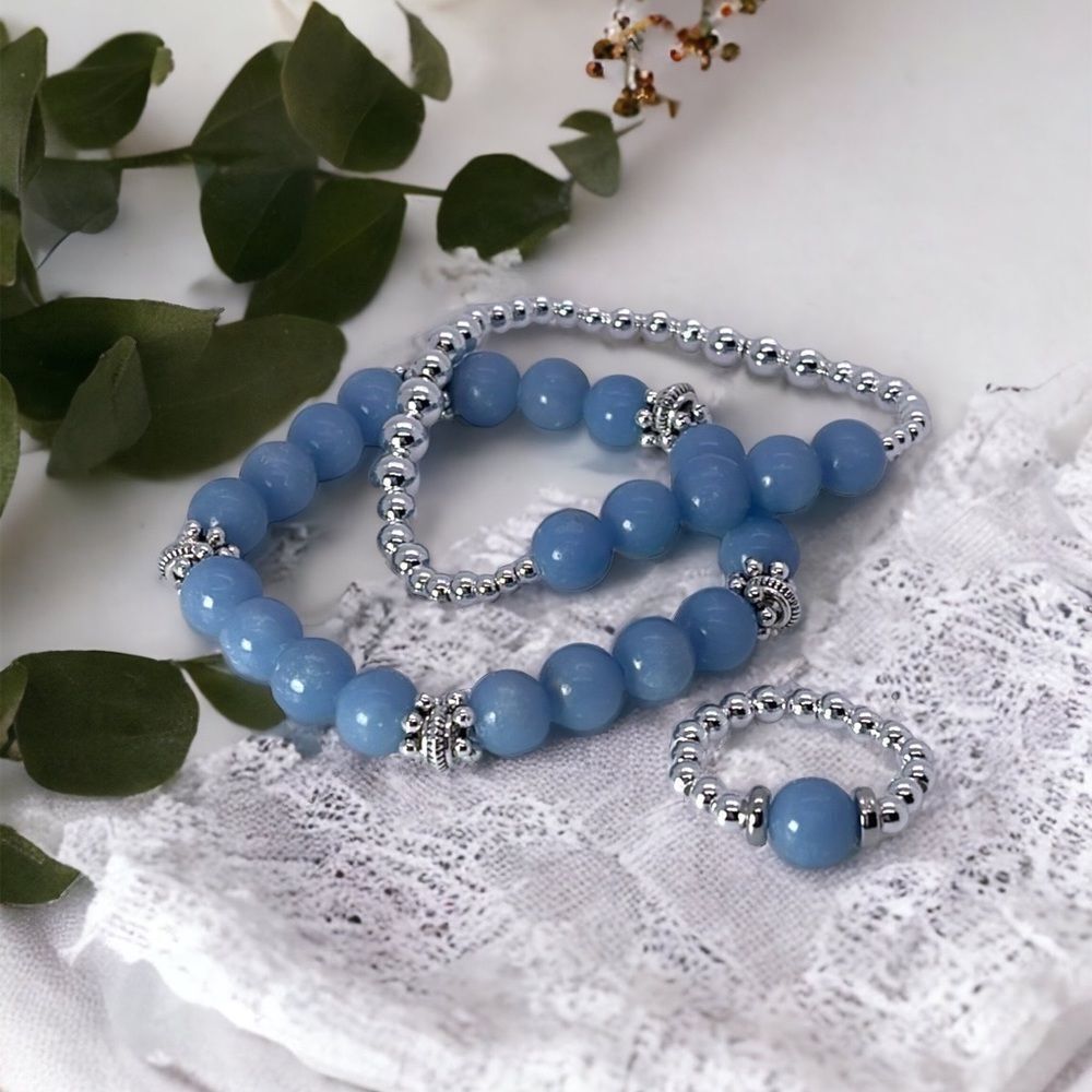 NWT Wool + Pepper Co. Angelite Gemstone & Silver Bracelets and Ring Set